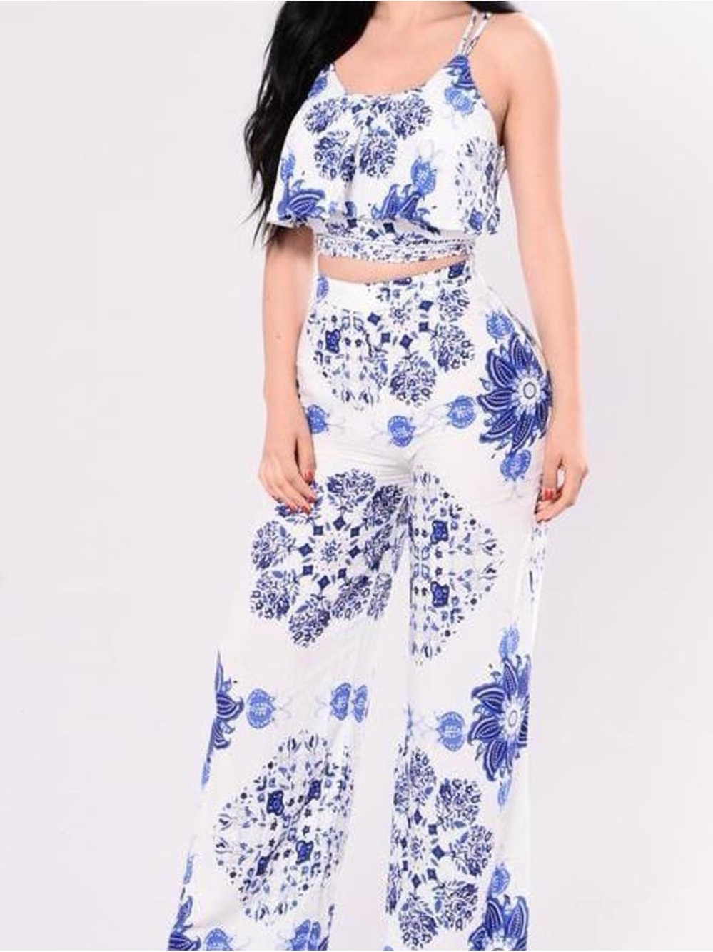 Fashion Nova White & Blue Floral Wide-Leg Jumpsuit